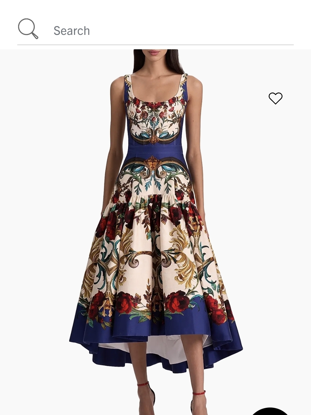 Floral Baroque Scoop Neck Fit-and-Flare Dress in Ivory and Blue